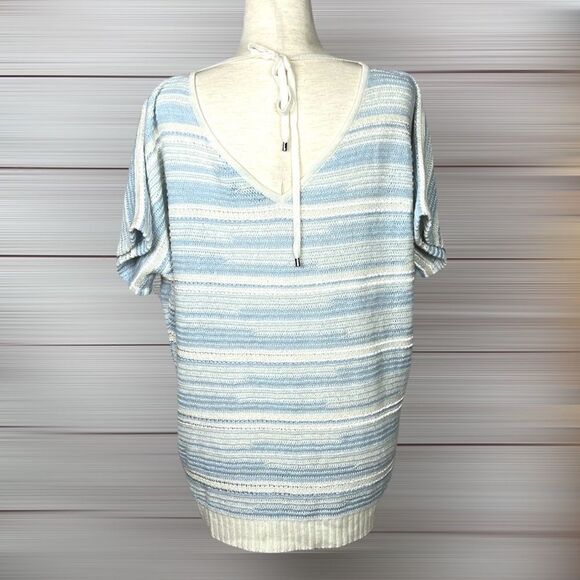 St. John Cashmere Linen Striped V Back Short Sleeves Sweater Top - Picture 8 of 14